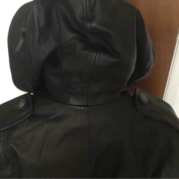 HP- DONNA PELLE LONG VINTAGE TIMELESS BLACK LEATHER TRENCH COAT/WITH HOOD/SZ S - Picture 3 of 16